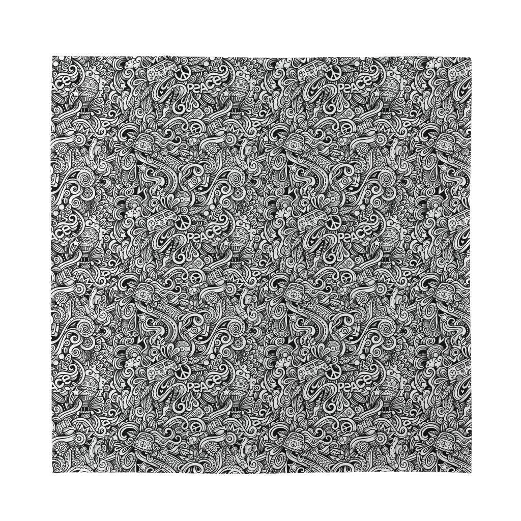 Monochrome Graffiti Hippie Pattern Print Silk Bandana