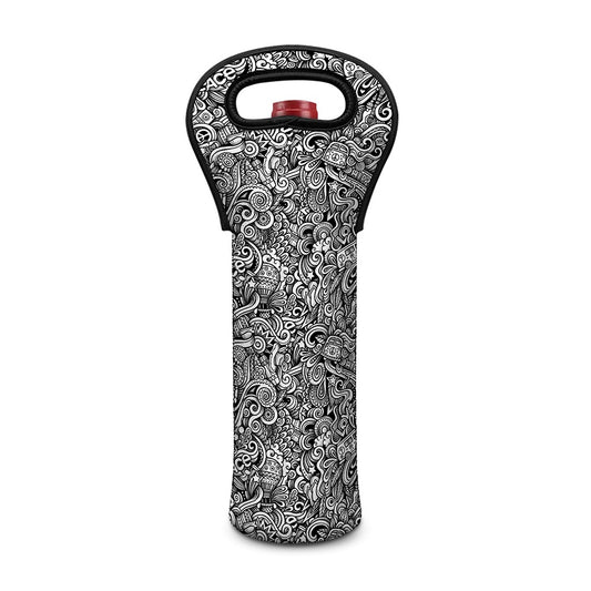 Monochrome Graffiti Hippie Pattern Print Single Neoprene Wine Tote