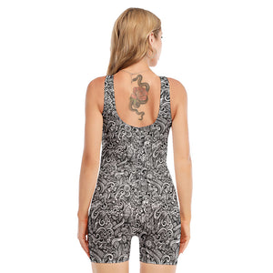 Monochrome Graffiti Hippie Pattern Print Sleeveless One Piece Swimsuit