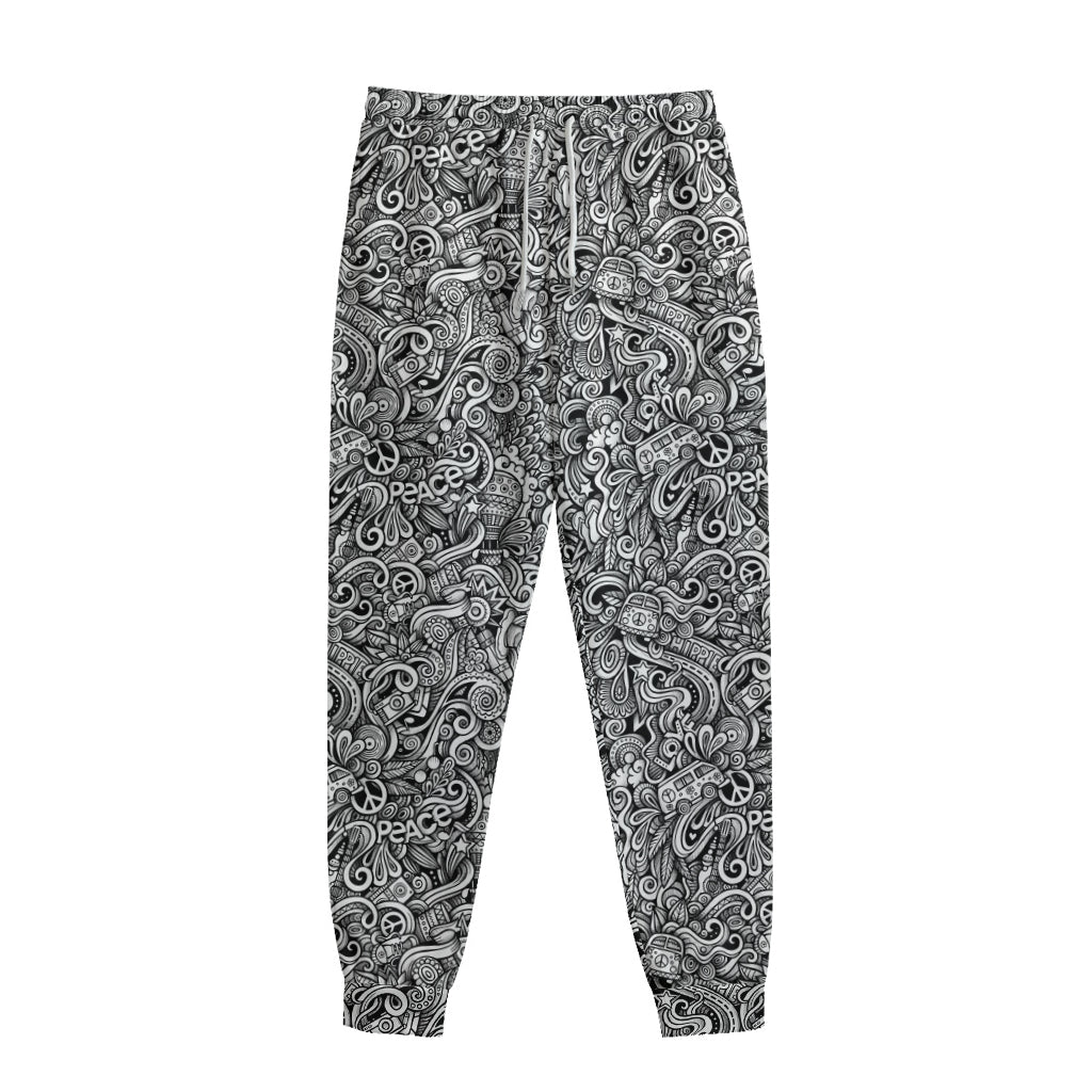 Monochrome Graffiti Hippie Pattern Print Sweatpants