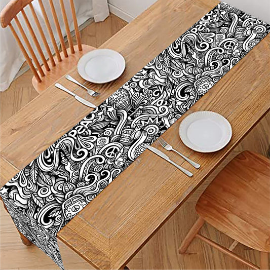Monochrome Graffiti Hippie Pattern Print Table Runner