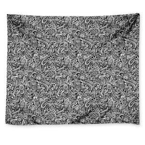 Monochrome Graffiti Hippie Pattern Print Tapestry