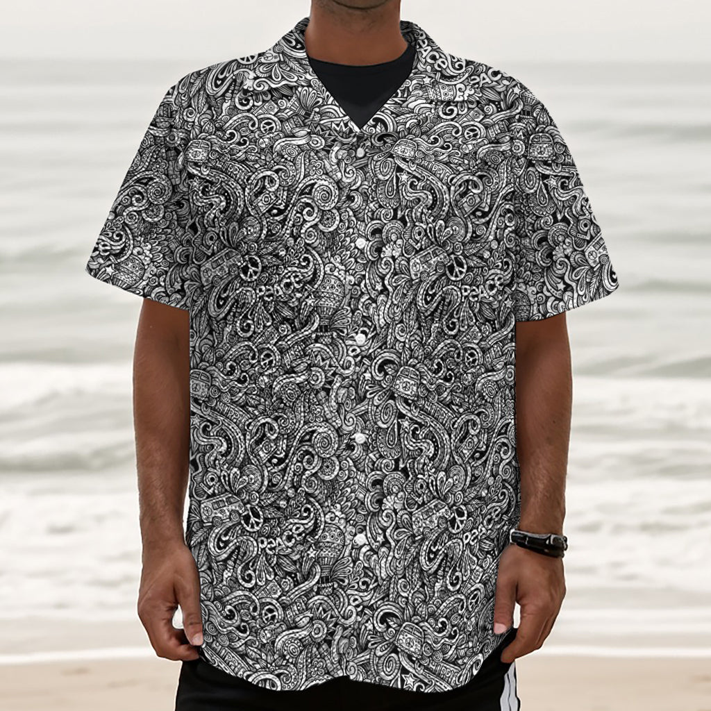 Monochrome Graffiti Hippie Pattern Print Textured Short Sleeve Shirt