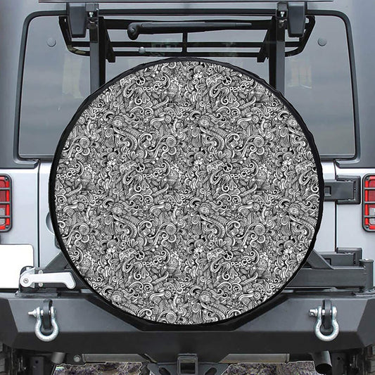 Monochrome Graffiti Hippie Pattern Print Tire Cover