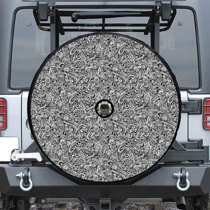 Monochrome Graffiti Hippie Pattern Print Tire Cover With Camera Hole