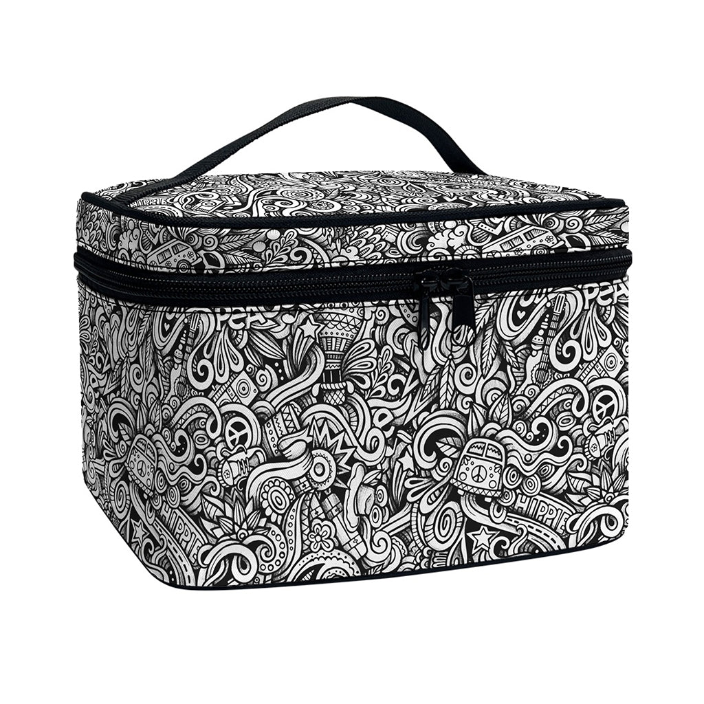 Monochrome Graffiti Hippie Pattern Print Travel Makeup Bag
