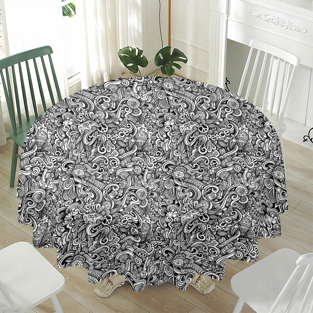 Monochrome Graffiti Hippie Pattern Print Waterproof Round Tablecloth