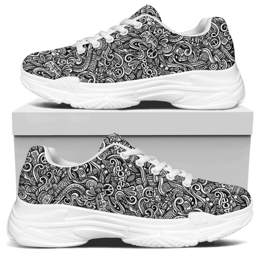 Monochrome Graffiti Hippie Pattern Print White Chunky Shoes