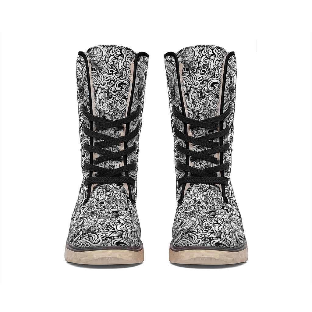 Monochrome Graffiti Hippie Pattern Print Winter Boots