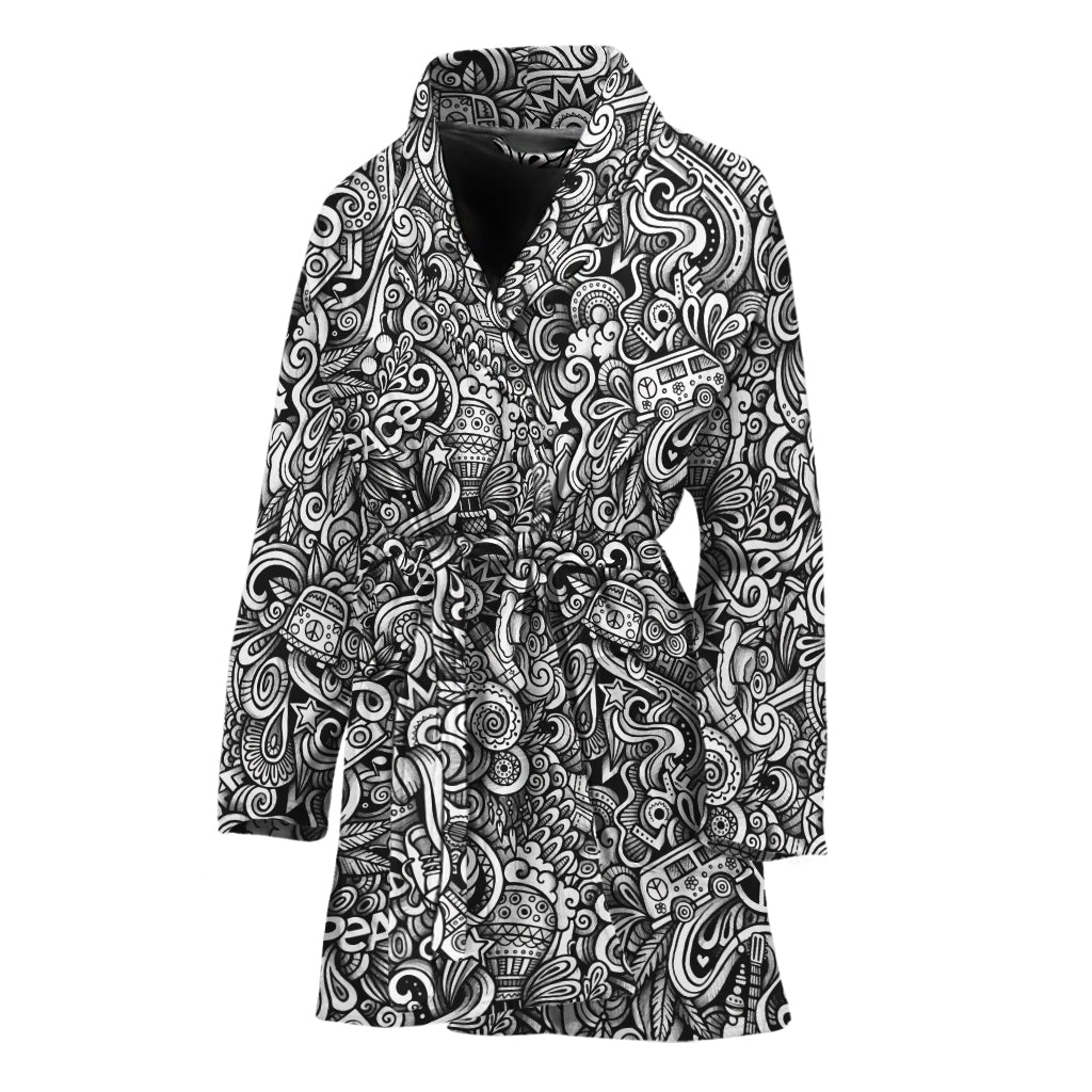 Monochrome Graffiti Hippie Pattern Print Women's Bathrobe