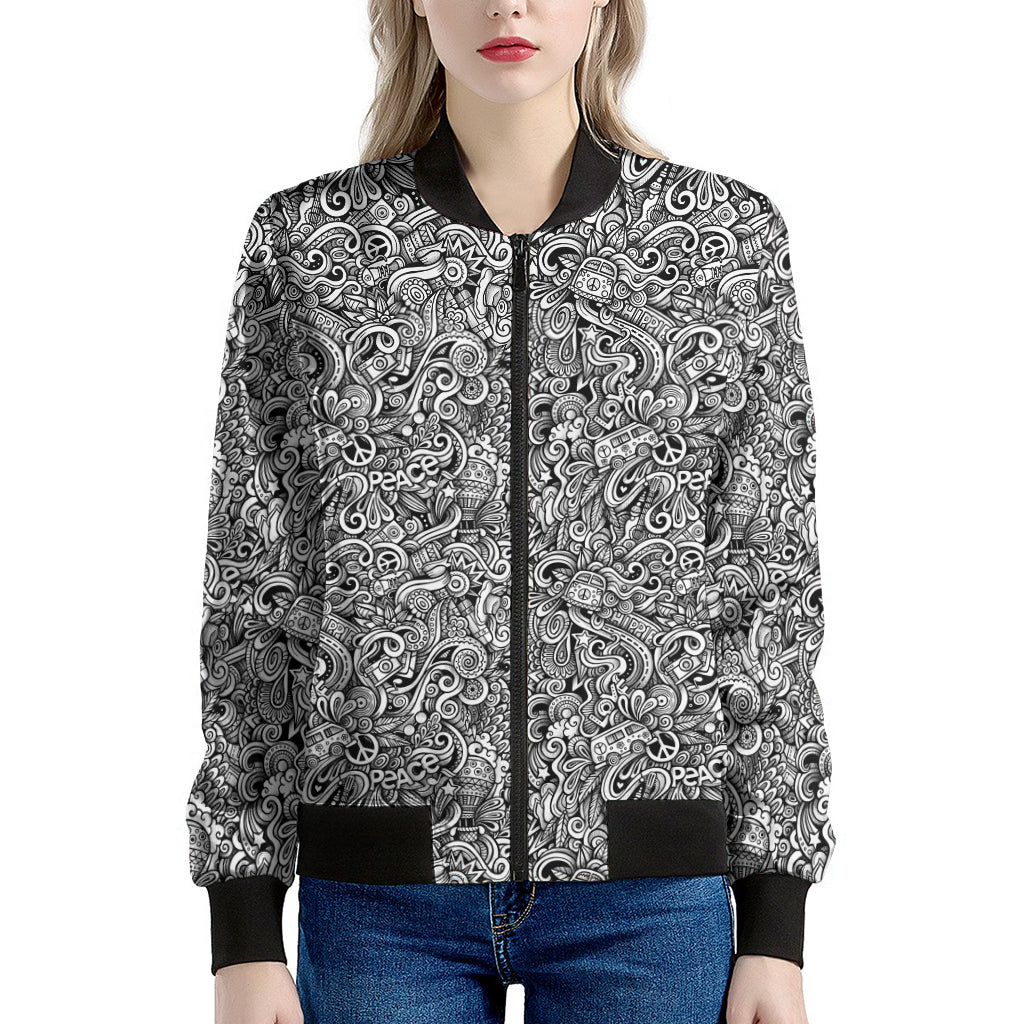 Monochrome Graffiti Hippie Pattern Print Women's Bomber Jacket