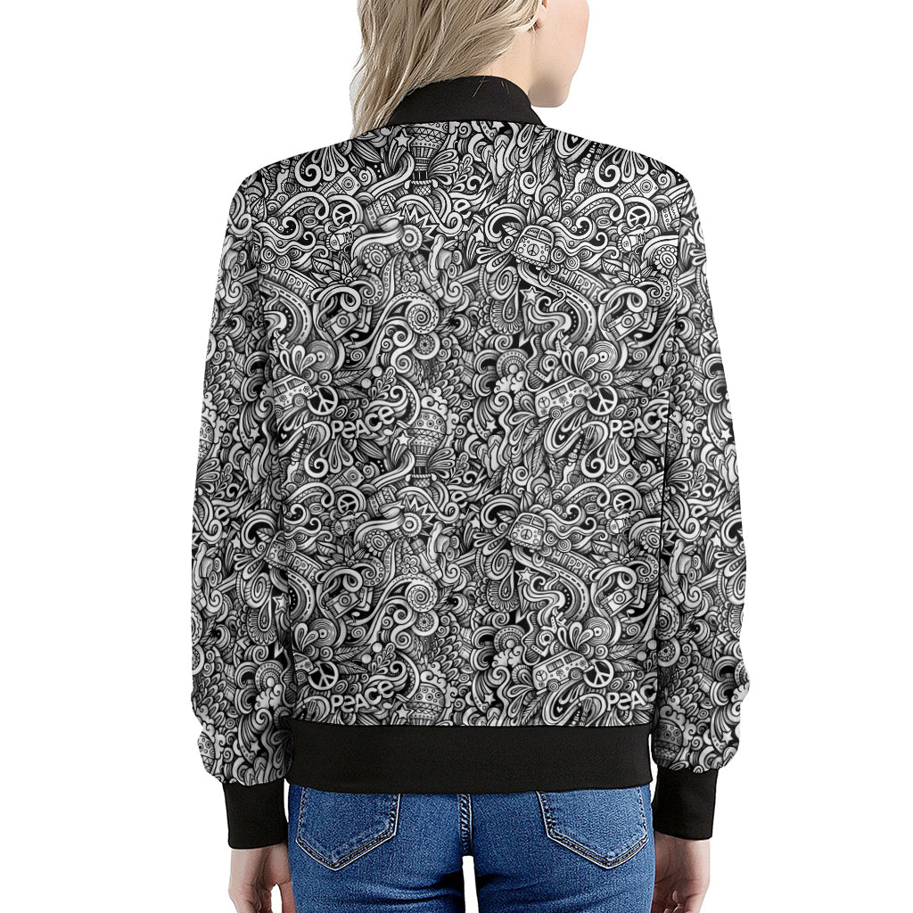Monochrome Graffiti Hippie Pattern Print Women's Bomber Jacket