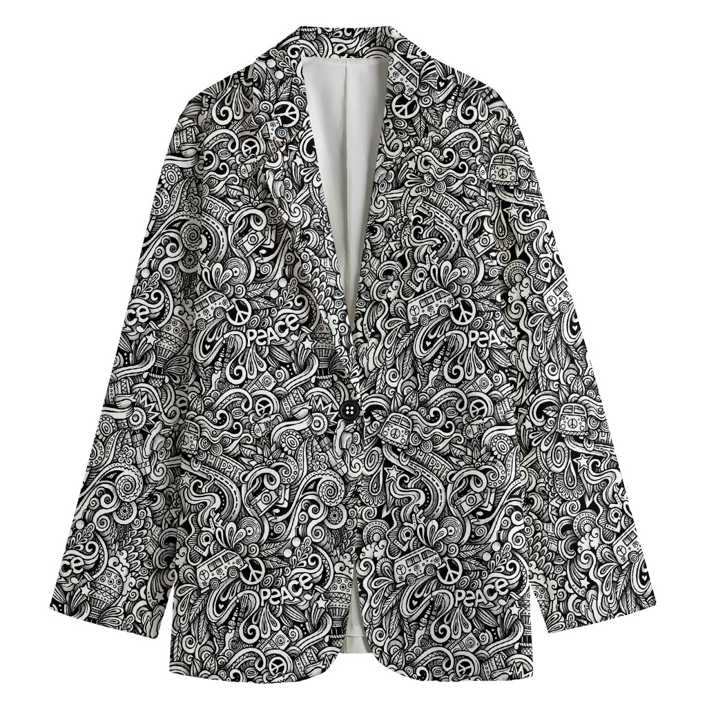 Monochrome Graffiti Hippie Pattern Print Women's Cotton Blazer