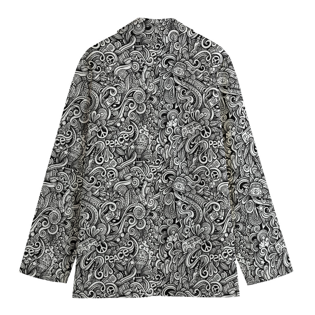 Monochrome Graffiti Hippie Pattern Print Women's Cotton Blazer