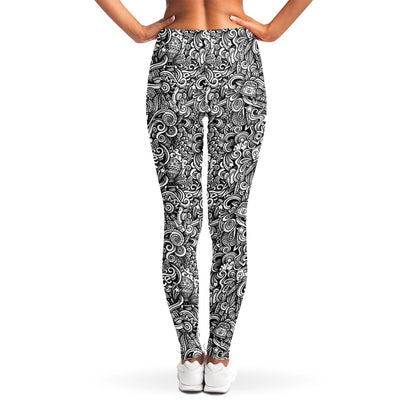 Monochrome Graffiti Hippie Pattern Print Women's Leggings