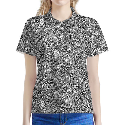 Monochrome Graffiti Hippie Pattern Print Women's Polo Shirt