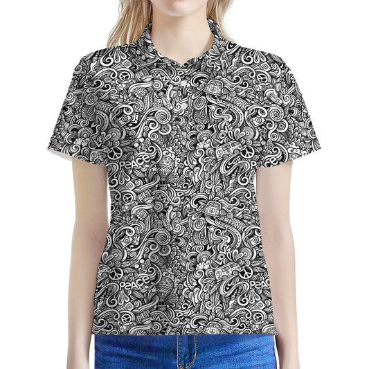 Monochrome Graffiti Hippie Pattern Print Women's Polo Shirt