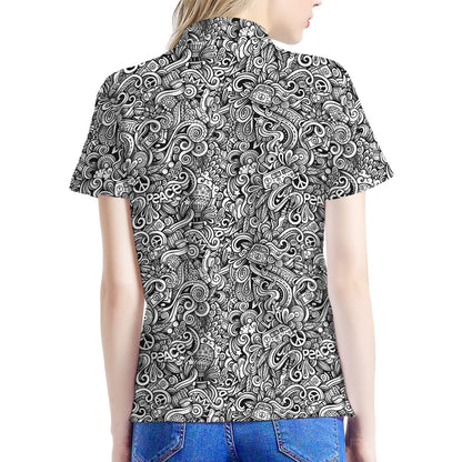 Monochrome Graffiti Hippie Pattern Print Women's Polo Shirt