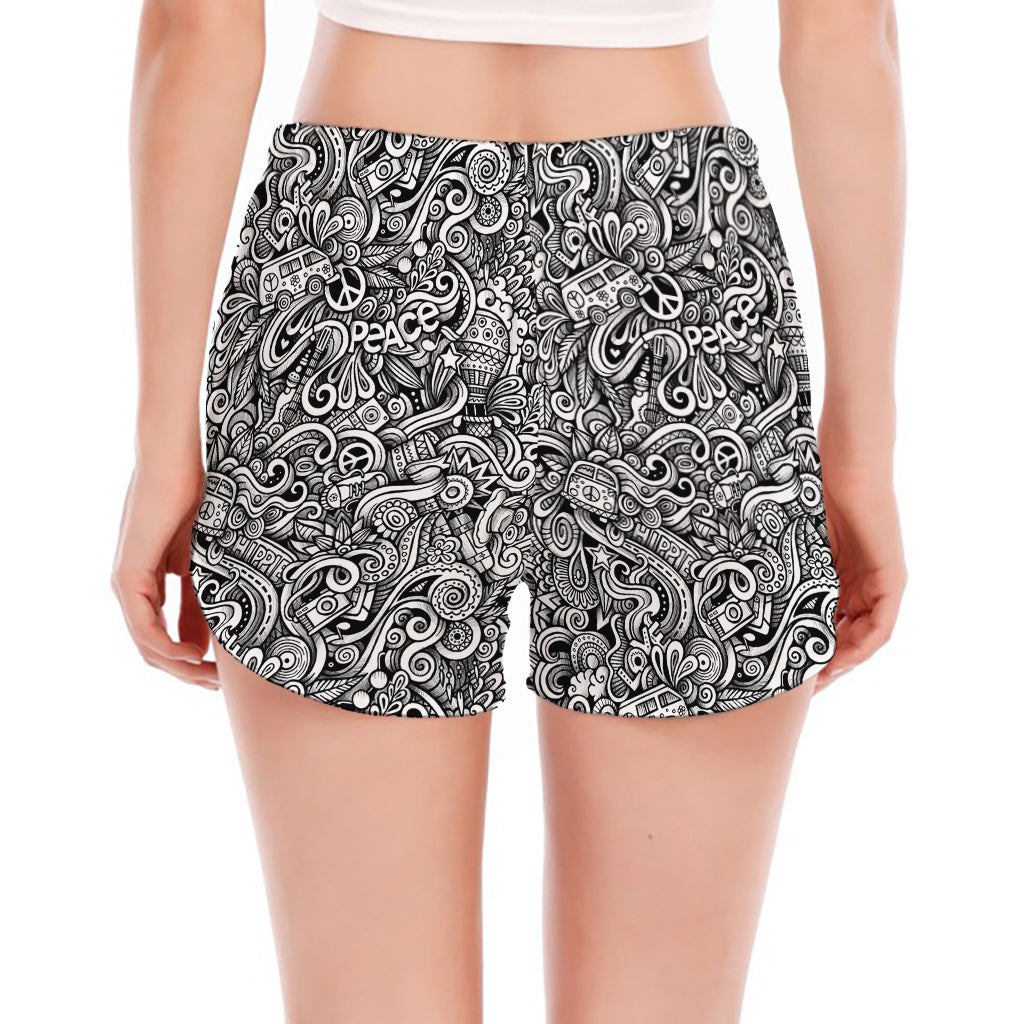 Monochrome Graffiti Hippie Pattern Print Women's Split Running Shorts
