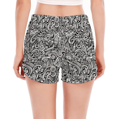 Monochrome Graffiti Hippie Pattern Print Women's Split Running Shorts