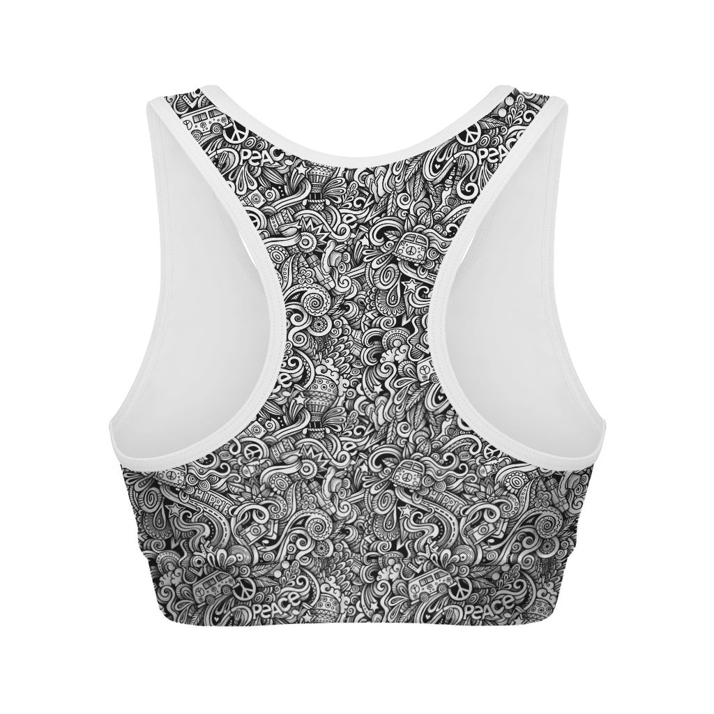 Monochrome Graffiti Hippie Pattern Print Women's Sports Bra