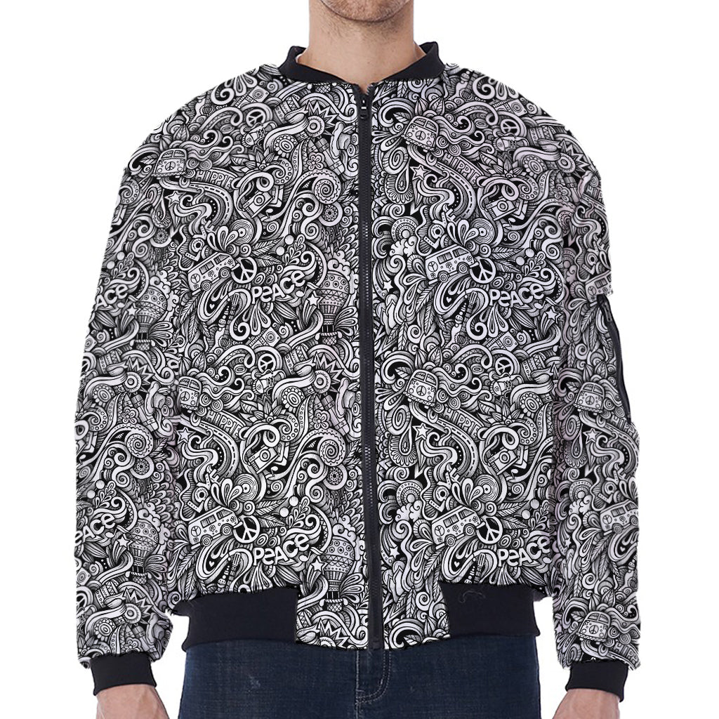 Monochrome Graffiti Hippie Pattern Print Zip Sleeve Bomber Jacket