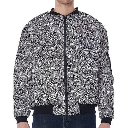 Monochrome Graffiti Hippie Pattern Print Zip Sleeve Bomber Jacket