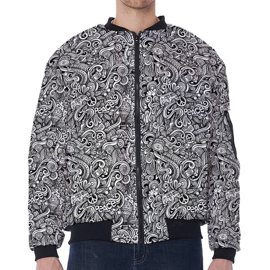 Monochrome Graffiti Hippie Pattern Print Zip Sleeve Bomber Jacket