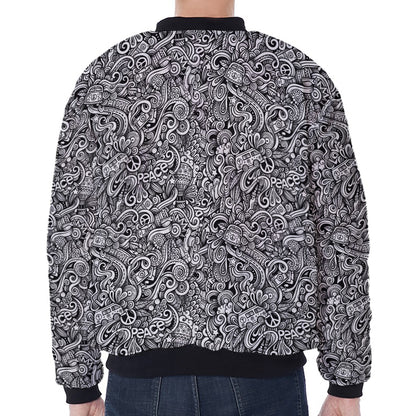 Monochrome Graffiti Hippie Pattern Print Zip Sleeve Bomber Jacket