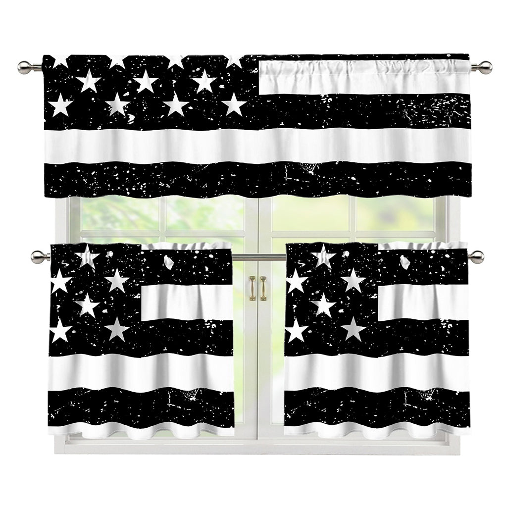 Monochrome Grunge American Flag Print 3 Piece Kitchen Curtains
