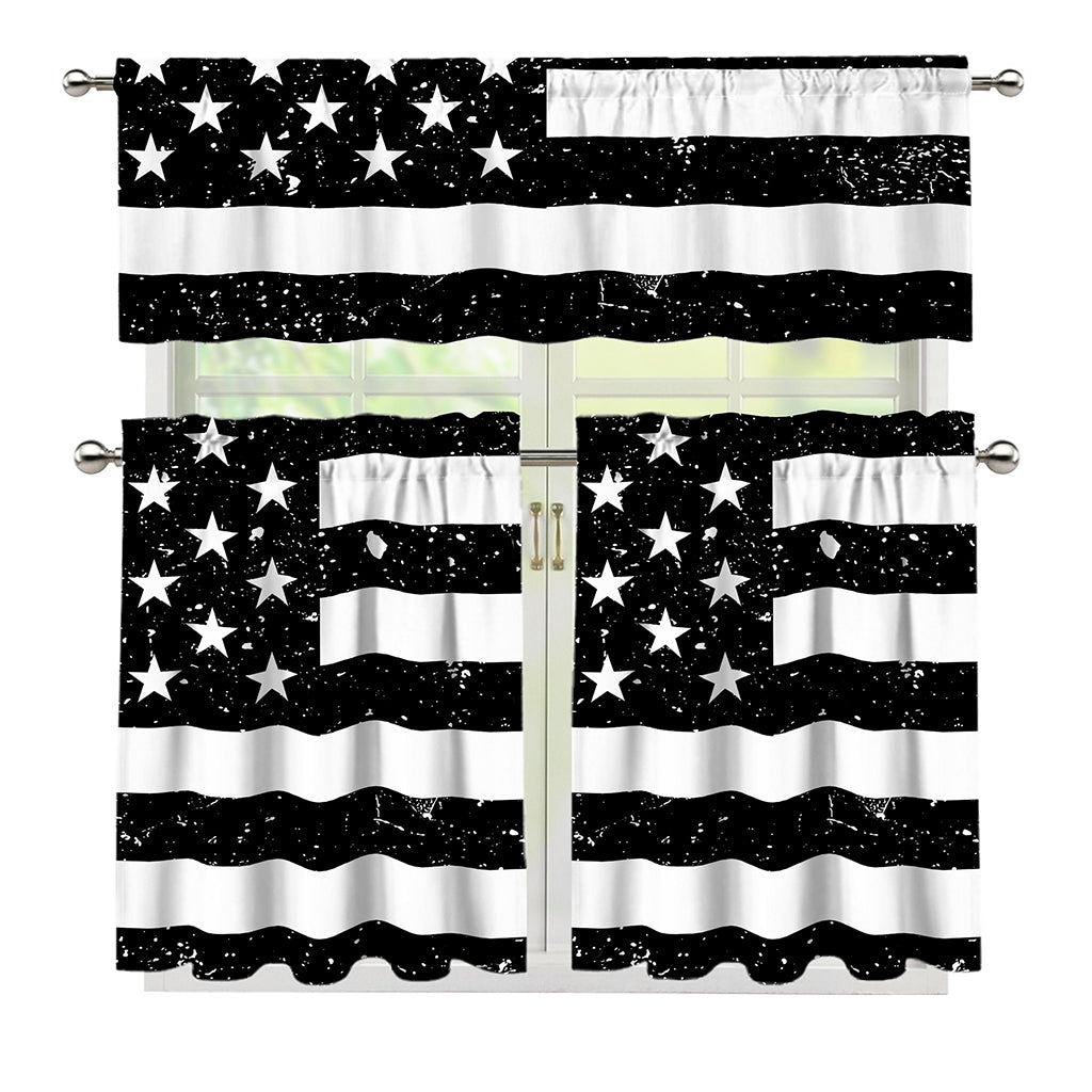 Monochrome Grunge American Flag Print 3 Piece Kitchen Curtains