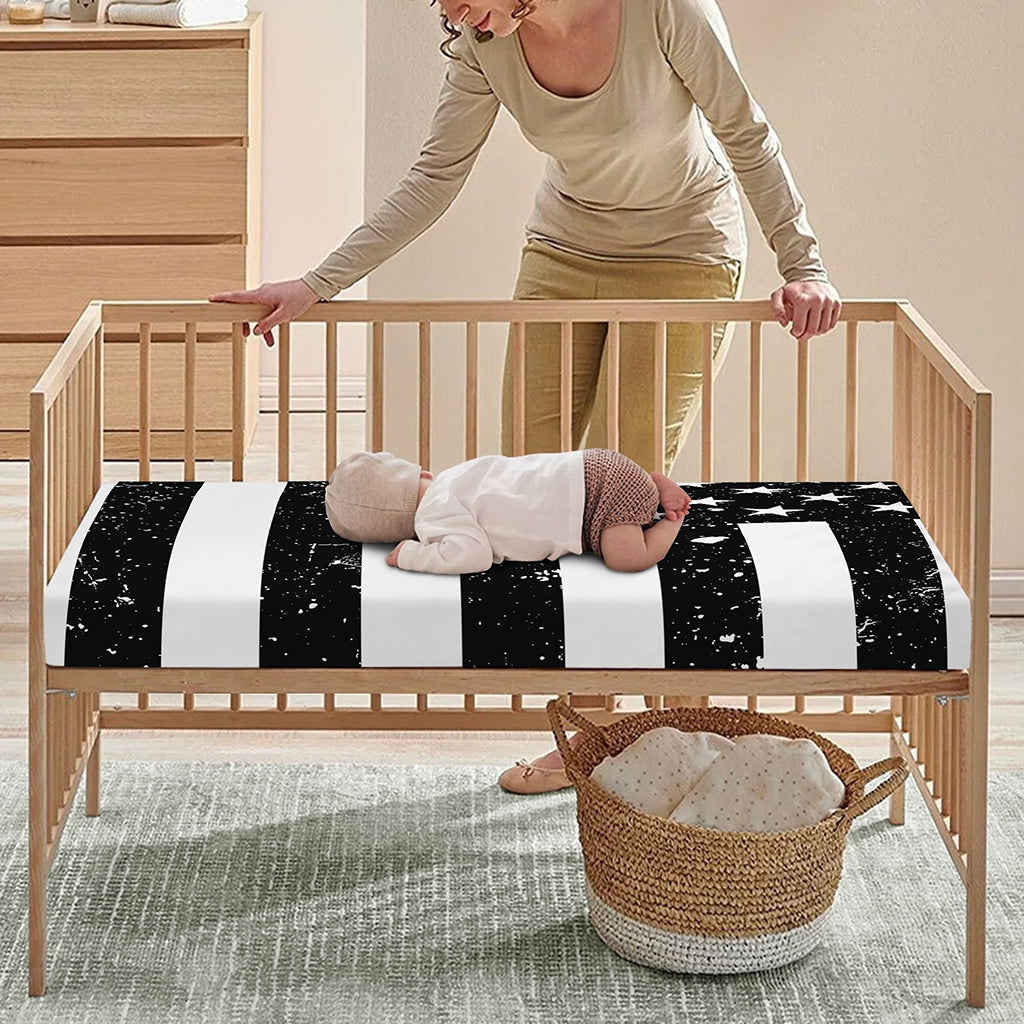 Monochrome Grunge American Flag Print Baby Crib Sheet