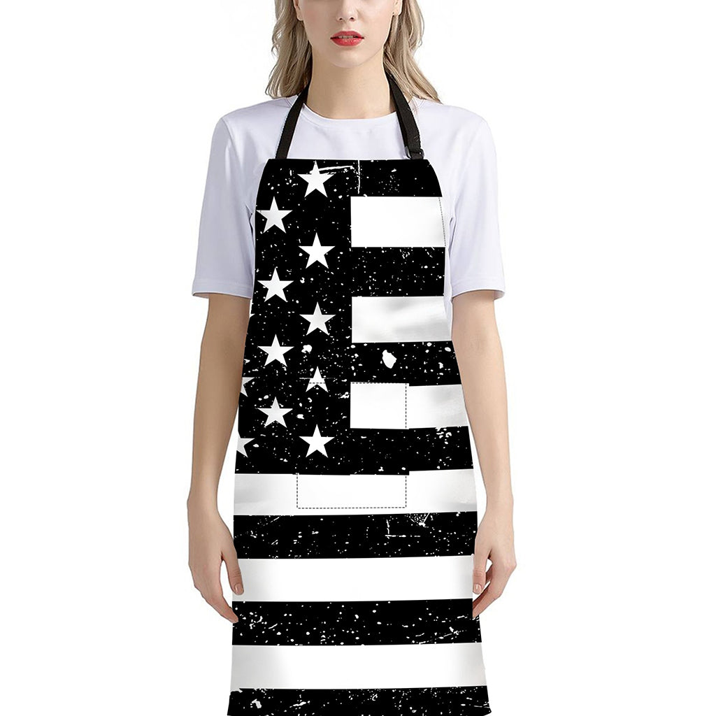 Monochrome Grunge American Flag Print Bib Apron With Pocket