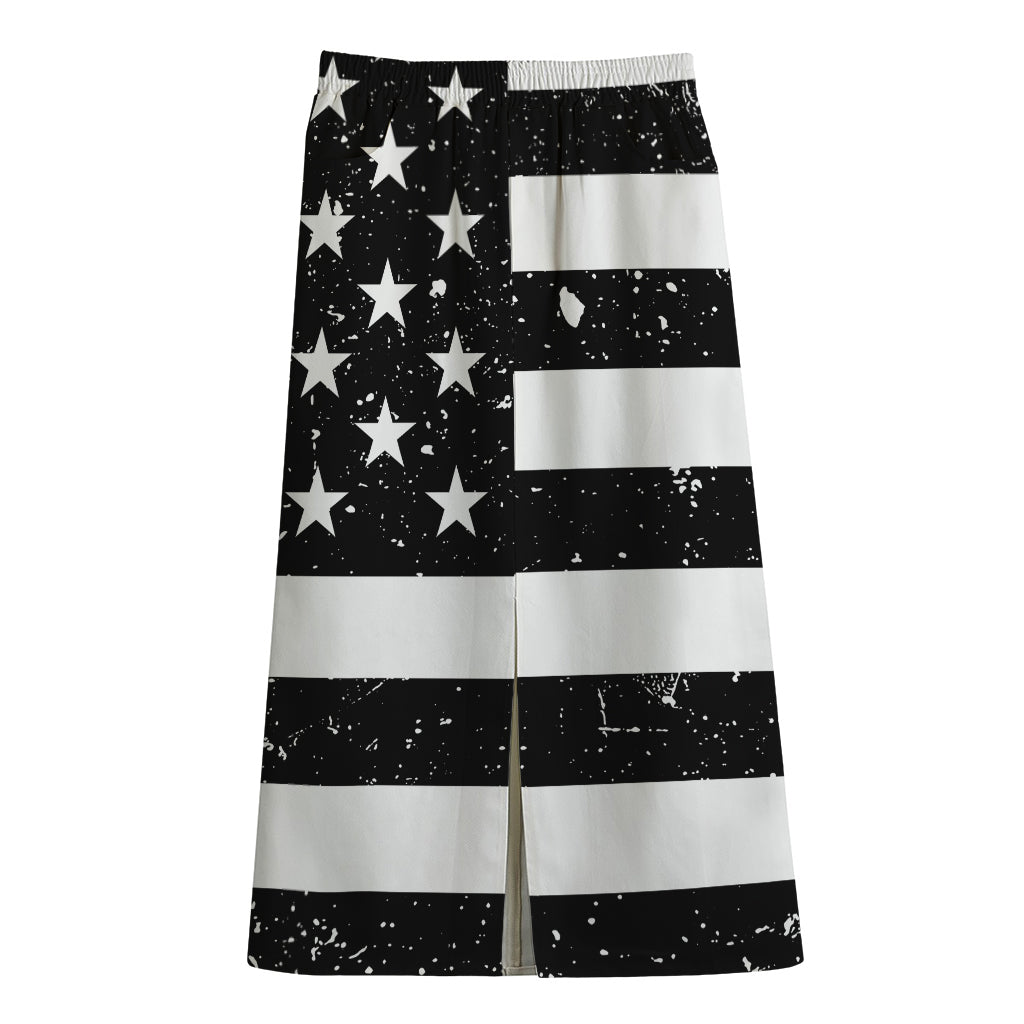 Monochrome Grunge American Flag Print Cotton Front Slit Maxi Skirt