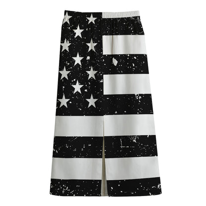Monochrome Grunge American Flag Print Cotton Front Slit Maxi Skirt