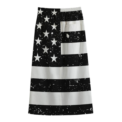 Monochrome Grunge American Flag Print Cotton Front Slit Maxi Skirt
