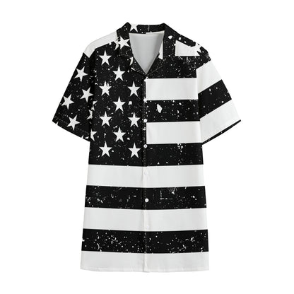 Monochrome Grunge American Flag Print Cotton Hawaiian Shirt