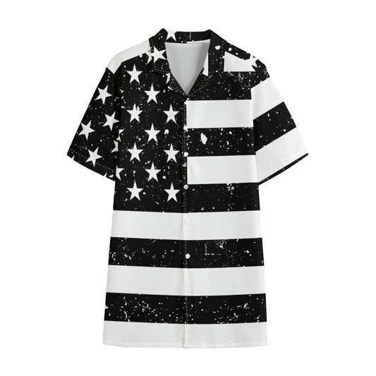 Monochrome Grunge American Flag Print Cotton Hawaiian Shirt
