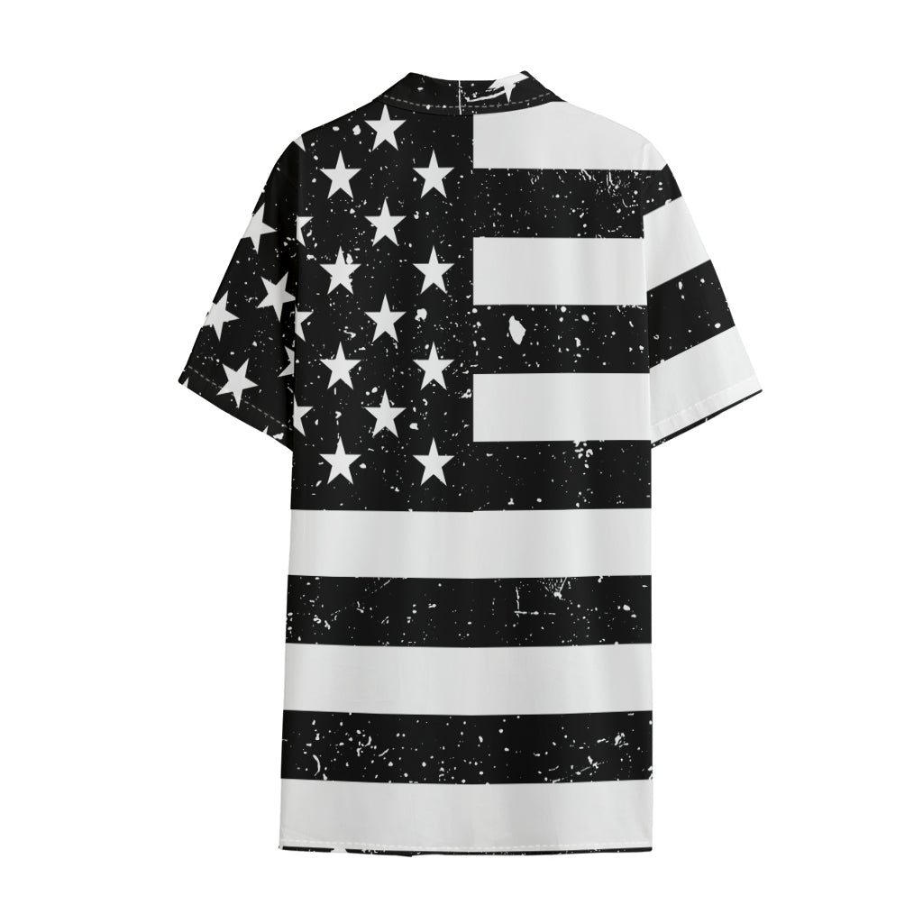 Monochrome Grunge American Flag Print Cotton Hawaiian Shirt