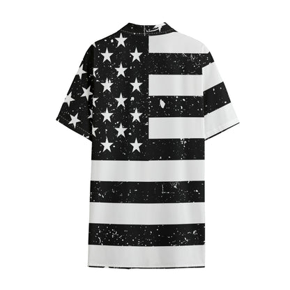 Monochrome Grunge American Flag Print Cotton Hawaiian Shirt