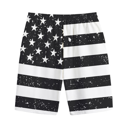 Monochrome Grunge American Flag Print Cotton Shorts