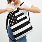 Monochrome Grunge American Flag Print Drawstring Backpack