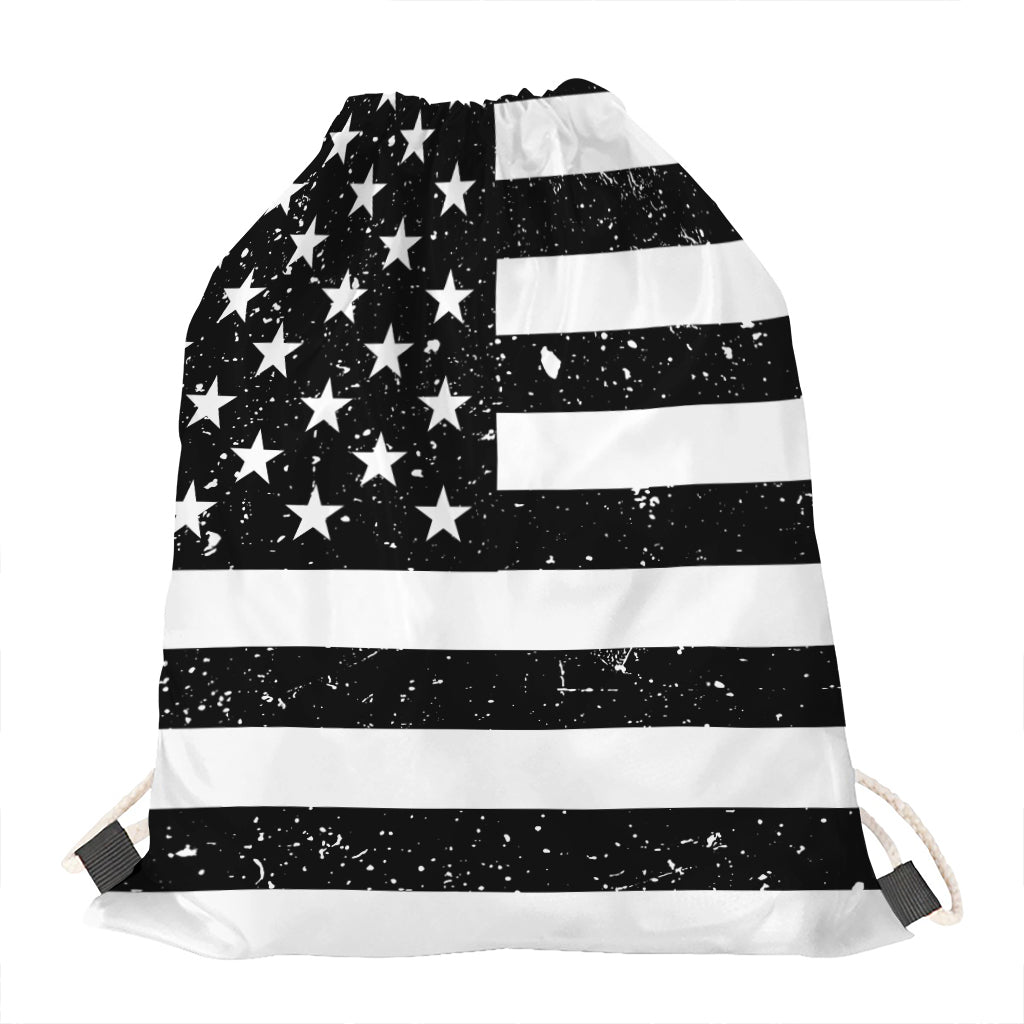 Monochrome Grunge American Flag Print Drawstring Bag