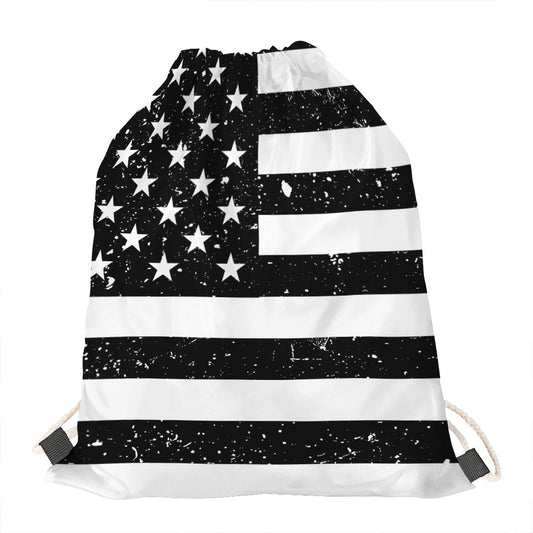 Monochrome Grunge American Flag Print Drawstring Bag
