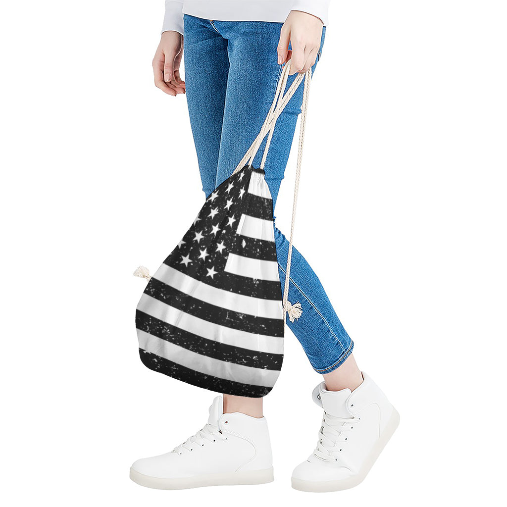 Monochrome Grunge American Flag Print Drawstring Bag