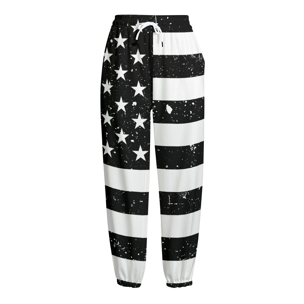 Monochrome Grunge American Flag Print Fleece Lined Knit Pants