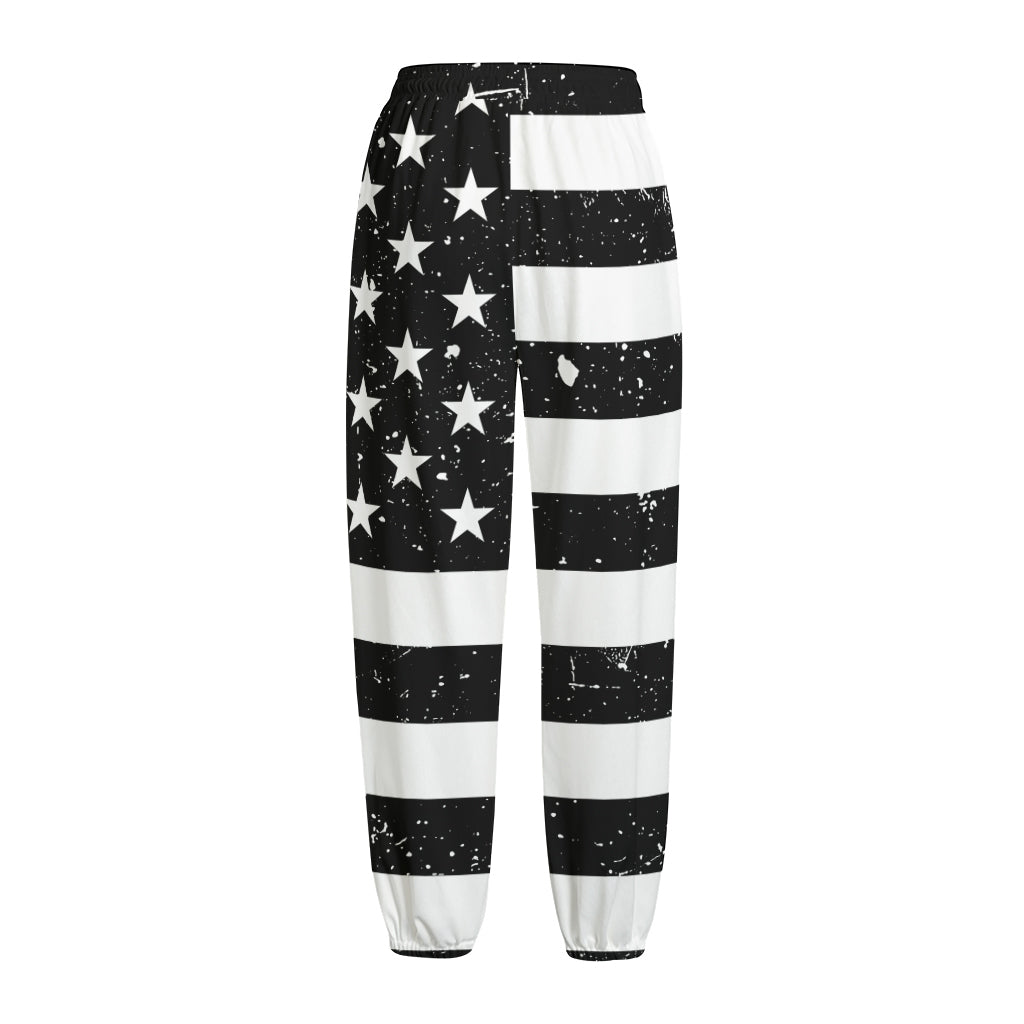 Monochrome Grunge American Flag Print Fleece Lined Knit Pants