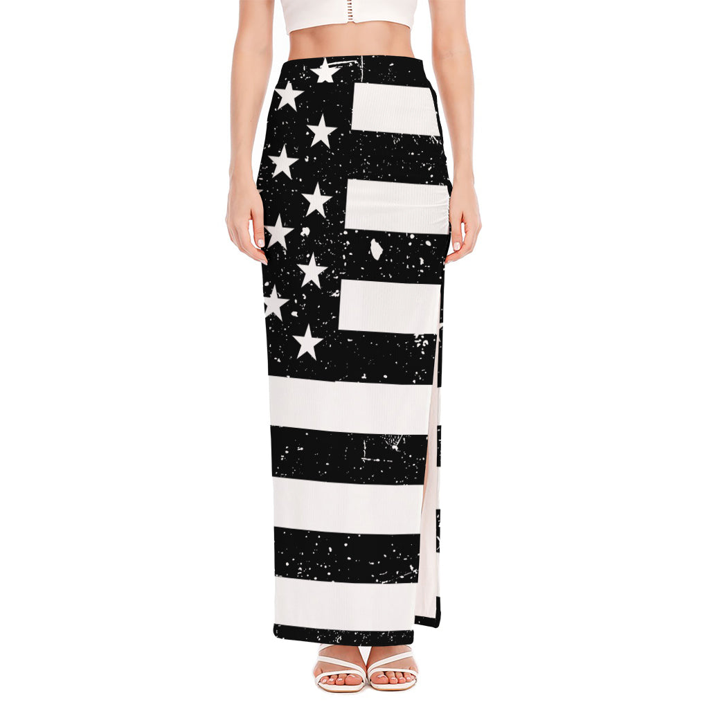 Monochrome Grunge American Flag Print High Slit Maxi Skirt