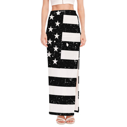 Monochrome Grunge American Flag Print High Slit Maxi Skirt