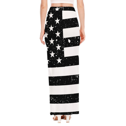 Monochrome Grunge American Flag Print High Slit Maxi Skirt